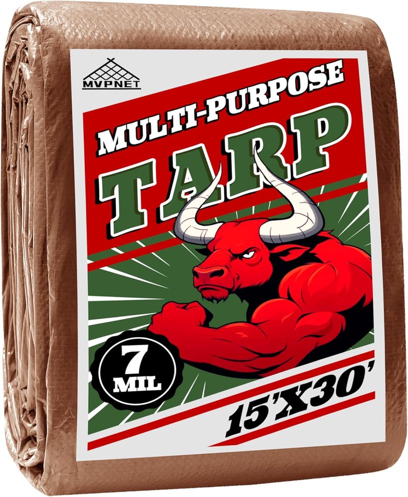 MVPNET Tarp 15x30 ft 100% Waterproof 7mil Durable Grommets and Reinforced Edges,Uv Resistant,Green/Brown Tarp,Emergency Rain Shelter,Outdoor Cover and Camping Use -by - Image 1